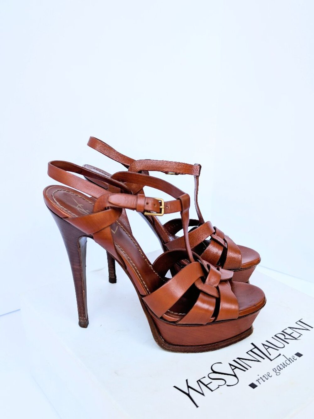 Vintage Yves Saint Laurent YSL Tribute 105mm T-Strap Platform Summer Brown Heel